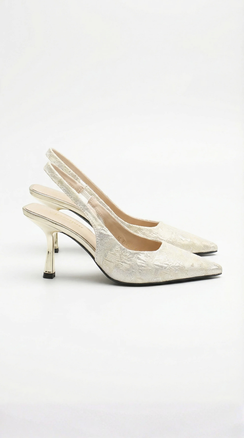 Women gold heeled sandals with pointed toe and slingback strap