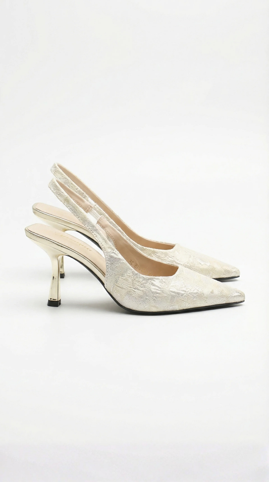 Women gold heeled sandals with pointed toe and slingback strap