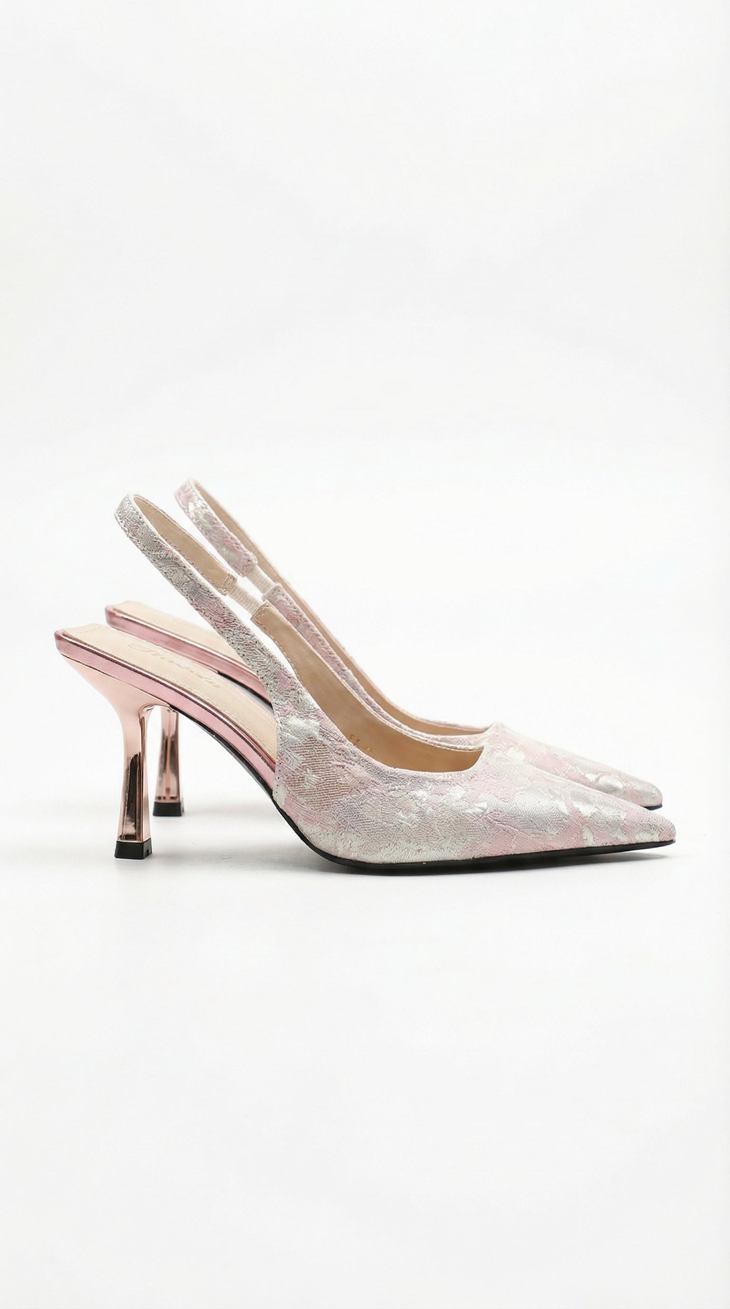 Women light pink heeled sandals with pointed toe and slingback strap