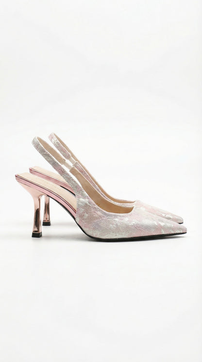 Women light pink heeled sandals with pointed toe and slingback strap