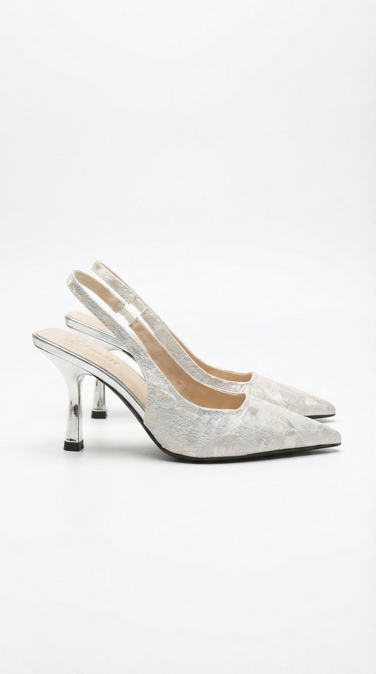 Women silver heeled sandals with pointed toe and slingback strap