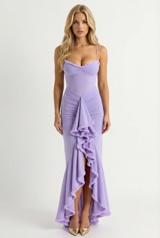 Women purple maxi dress from front with ruched bodice, spaghetti straps, and tiered ruffle skirt