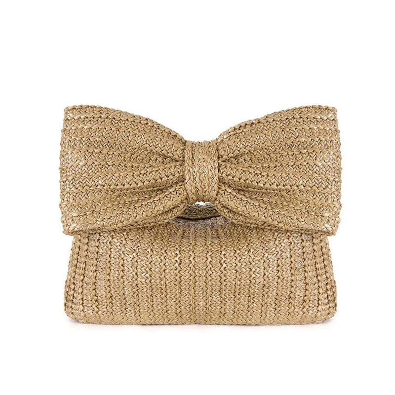 Women brown clutch bag with woven body and bow accent