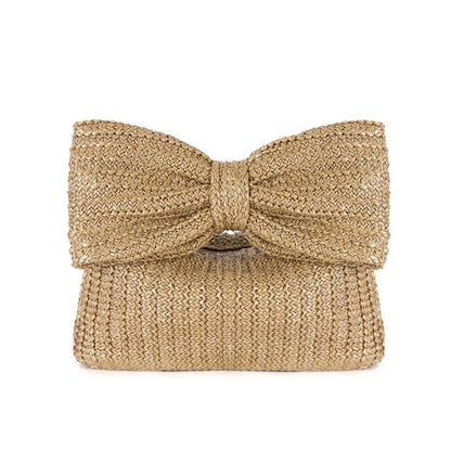 Women brown clutch bag with woven body and bow accent