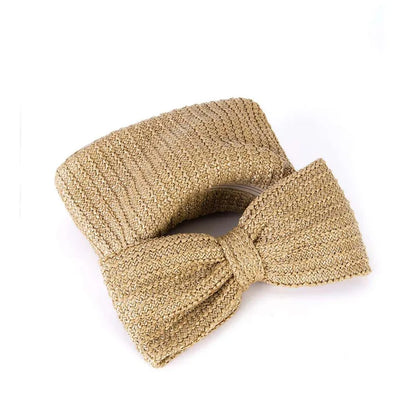 Women brown clutch bag with woven body and bow accent