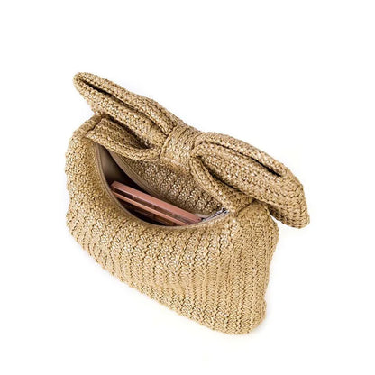 Women brown clutch bag with woven body and bow accent