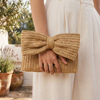 Women brown clutch bag with woven body and bow accent