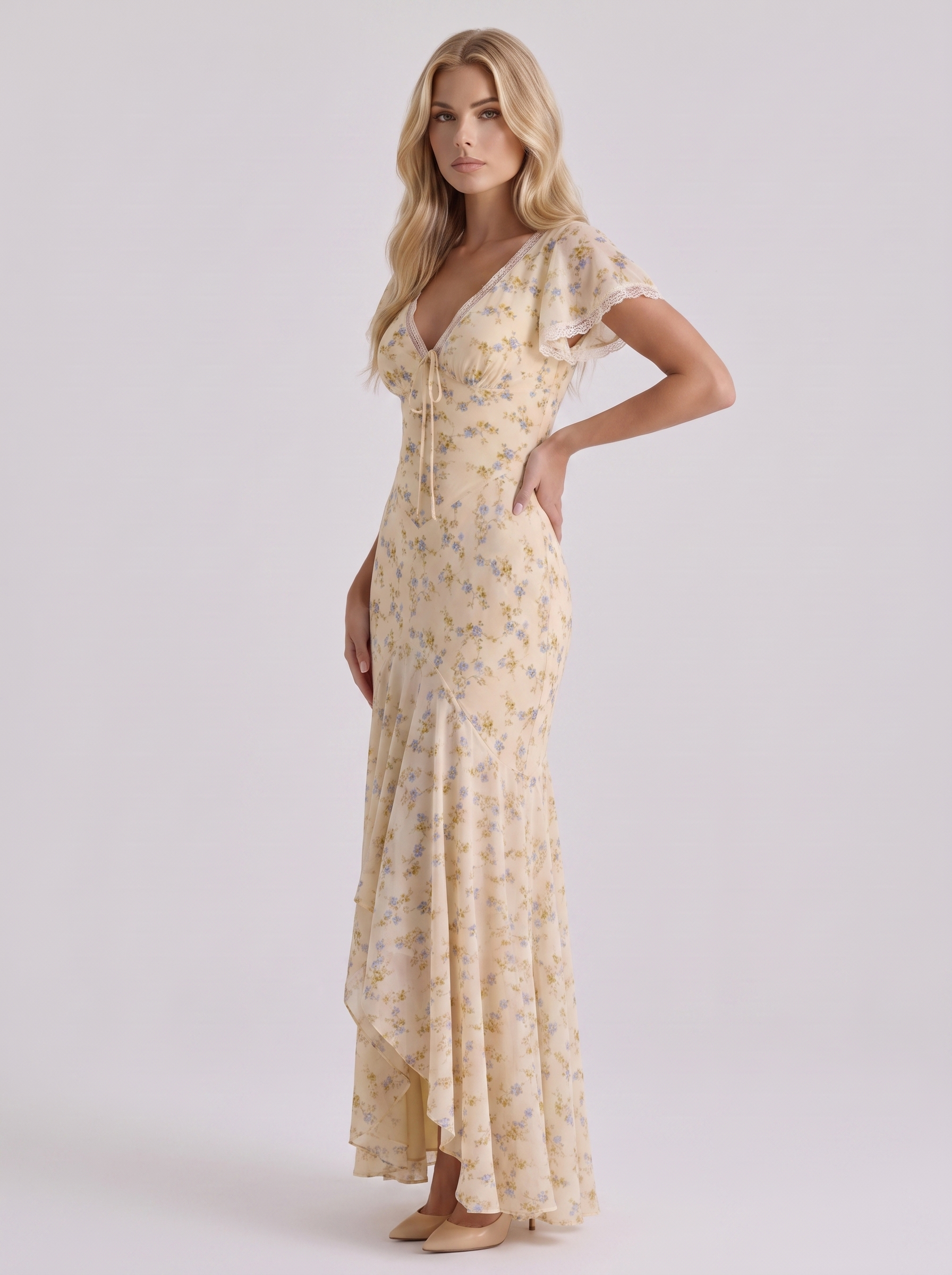 Women lemon flutter maxi dress with v neckline and floral print