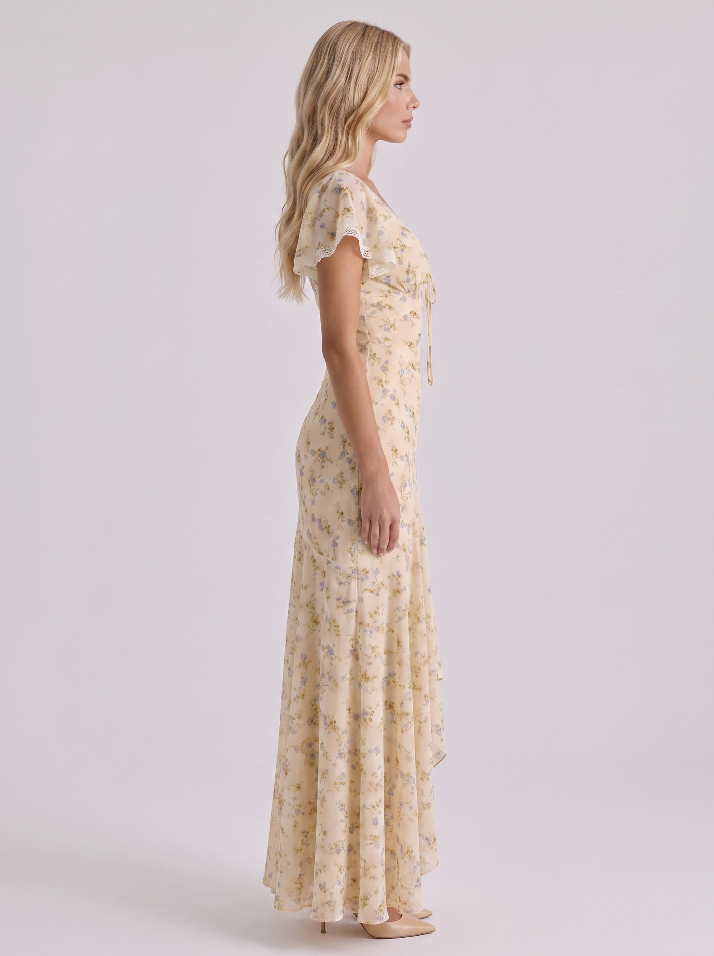 Women lemon flutter maxi dress with v neckline and floral print