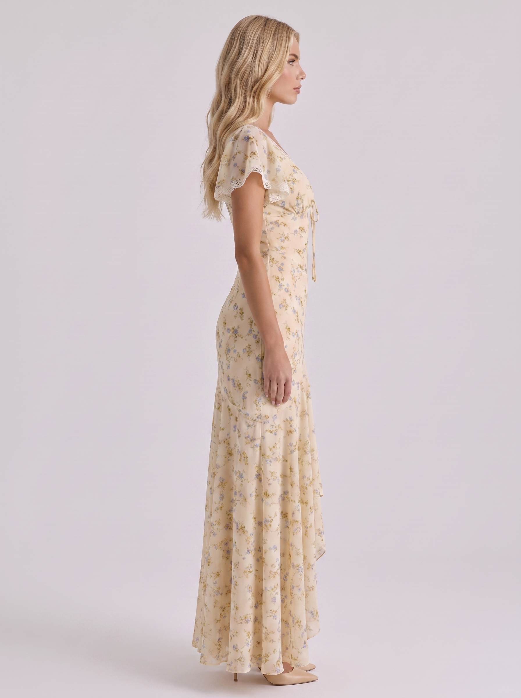 Women lemon flutter maxi dress with v neckline and floral print