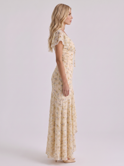 Women lemon flutter maxi dress with v neckline and floral print