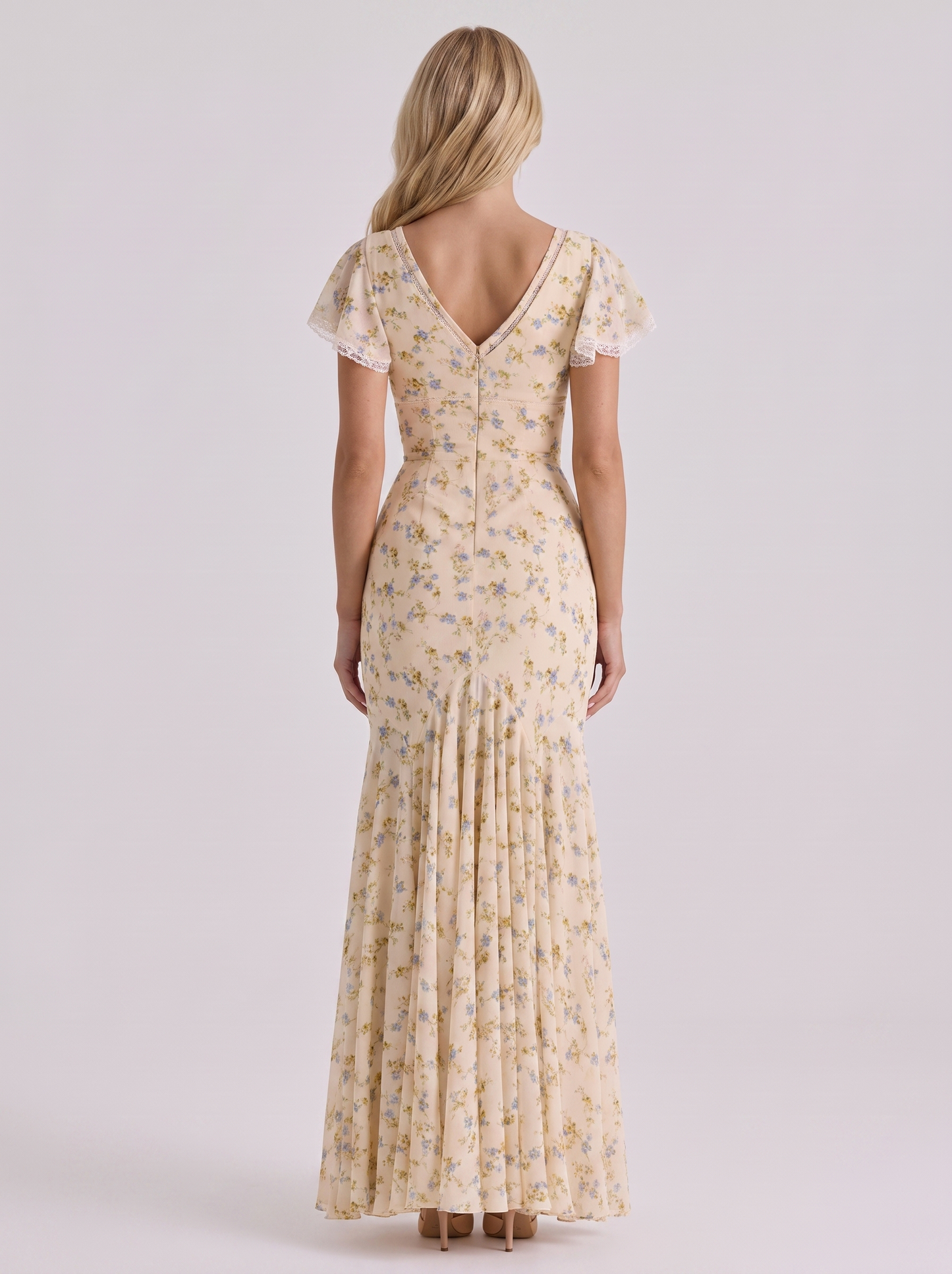 Women lemon flutter maxi dress with v neckline and floral print