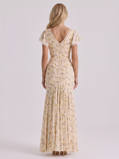 Women lemon flutter maxi dress with v neckline and floral print