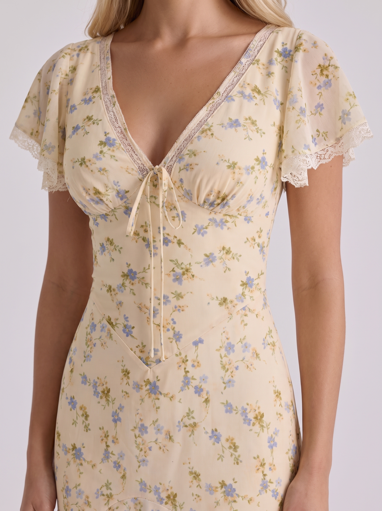 Women lemon flutter maxi dress with v neckline and floral print
