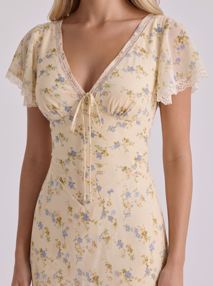 Women lemon flutter maxi dress with v neckline and floral print