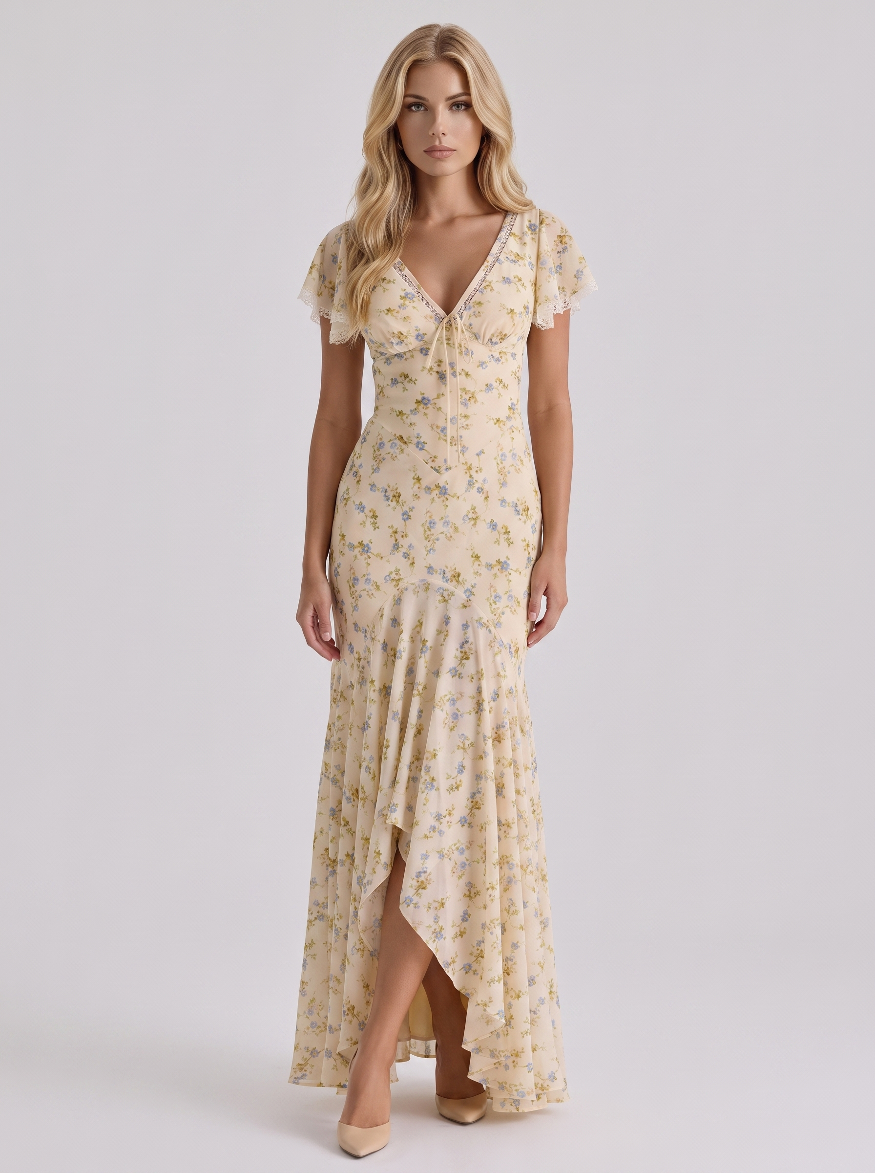 Women lemon flutter maxi dress with v neckline and floral print