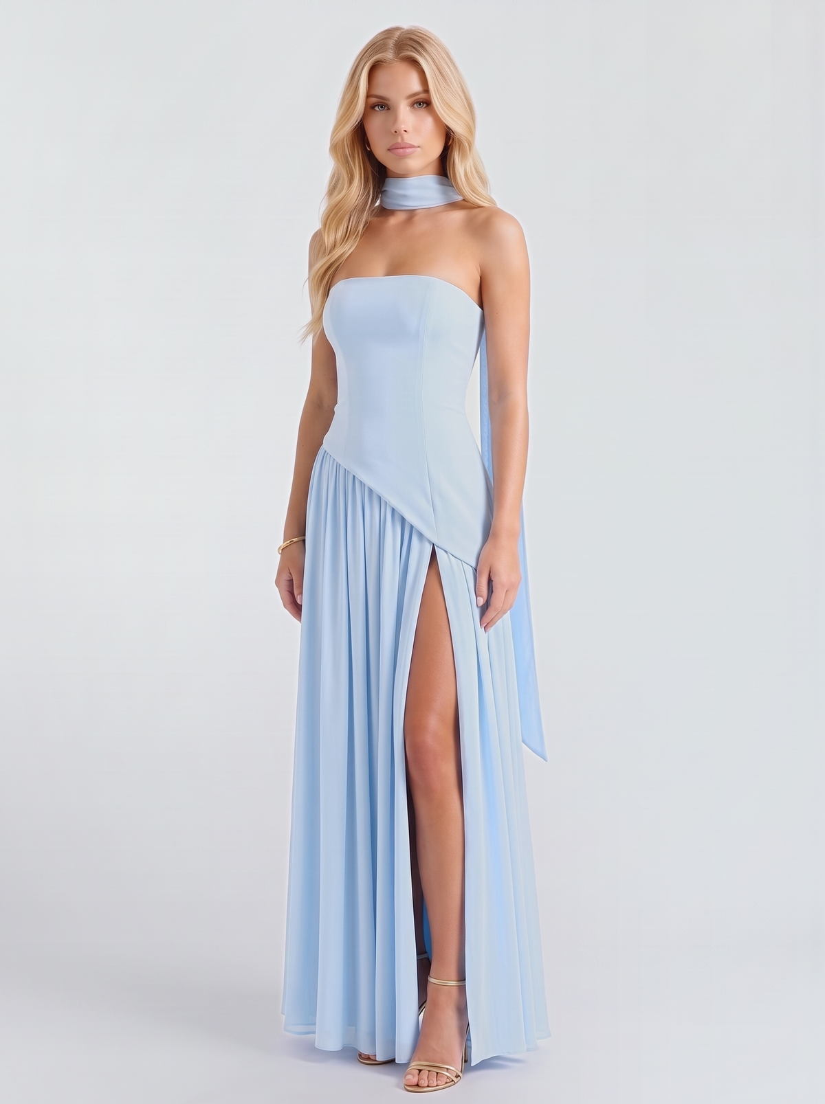 Genevieve Strapless Asymmetric Maxi Dress - Baby Blue
