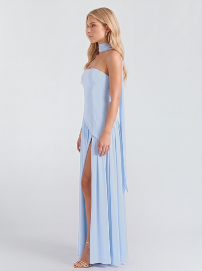 Genevieve Strapless Asymmetric Maxi Dress - Baby Blue
