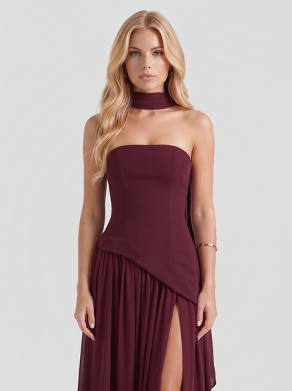 Genevieve Strapless Asymmetric Maxi Dress - Burgundy
