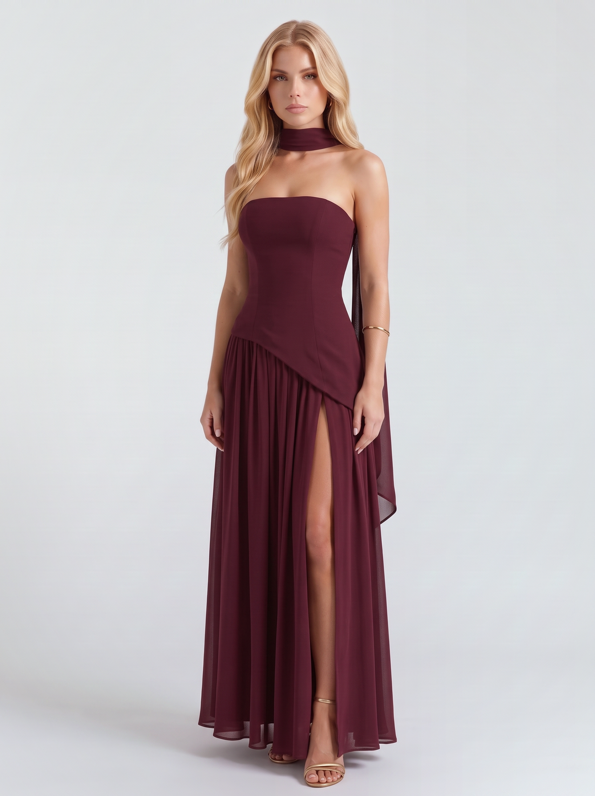 Genevieve Strapless Asymmetric Maxi Dress - Burgundy