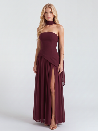 Genevieve Strapless Asymmetric Maxi Dress - Burgundy
