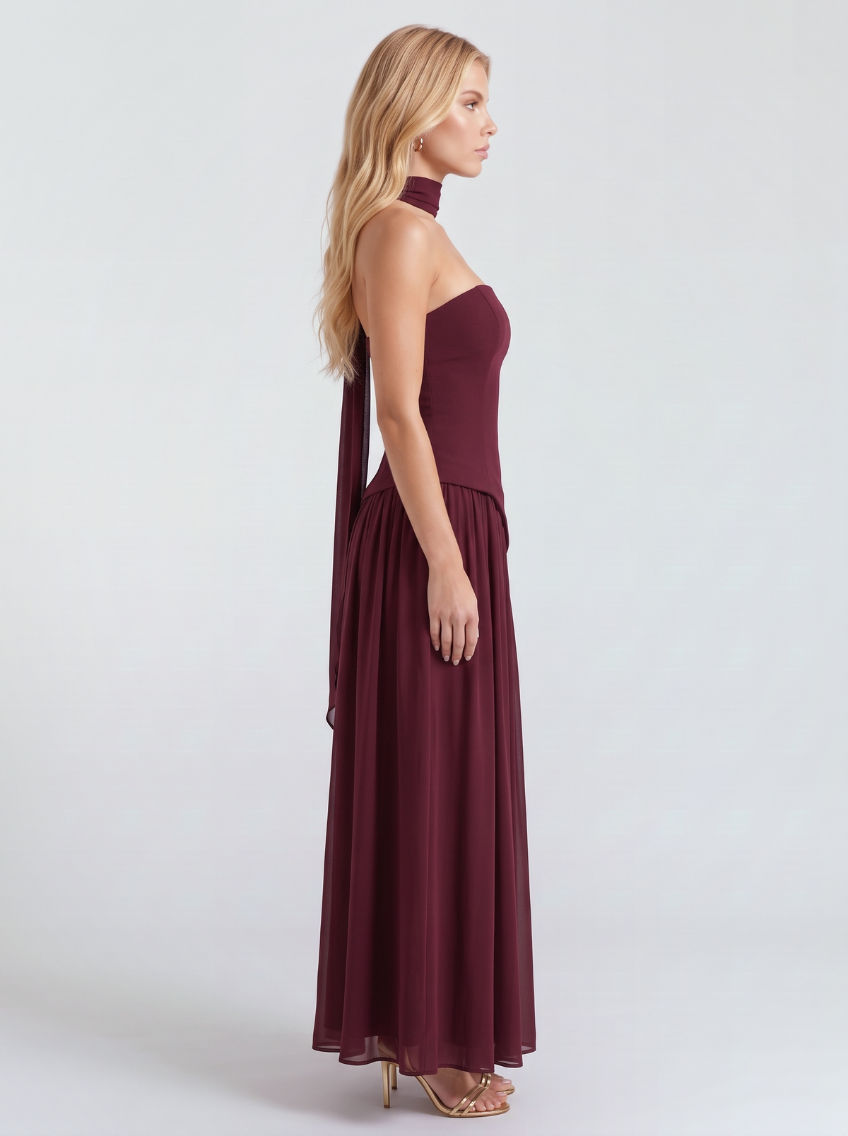 Genevieve Strapless Asymmetric Maxi Dress - Burgundy