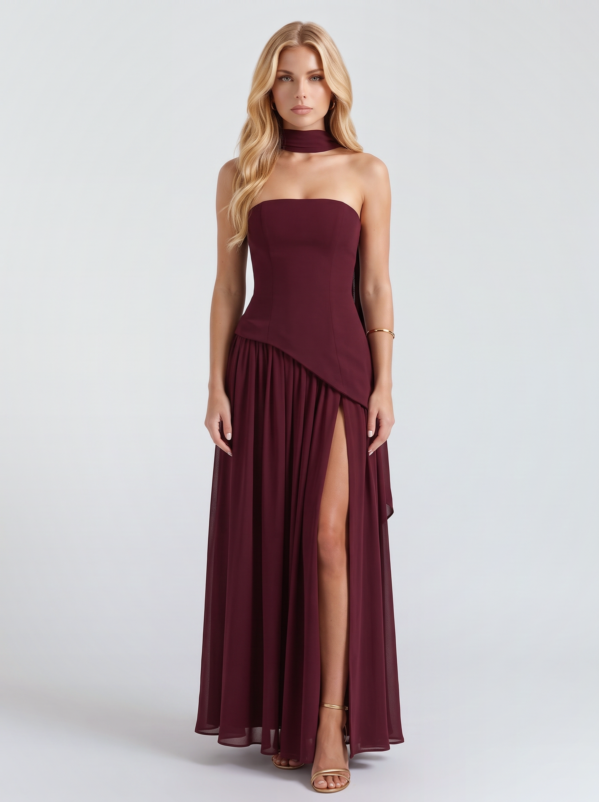 Genevieve Strapless Asymmetric Maxi Dress - Burgundy