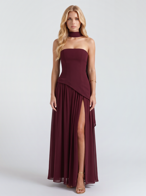 Genevieve Strapless Asymmetric Maxi Dress - Burgundy