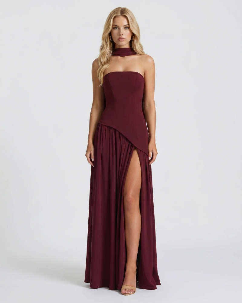 Genevieve Strapless Asymmetric Maxi Dress - Red