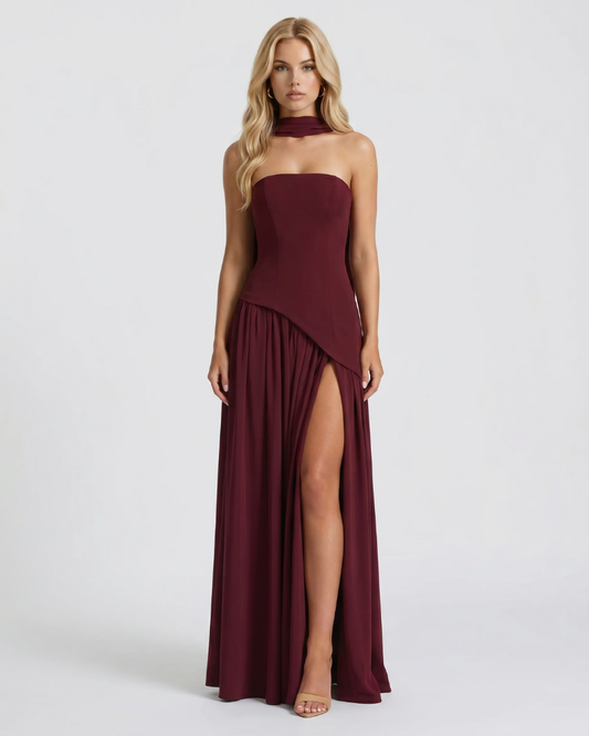 Genevieve Strapless Asymmetric Maxi Dress - Red