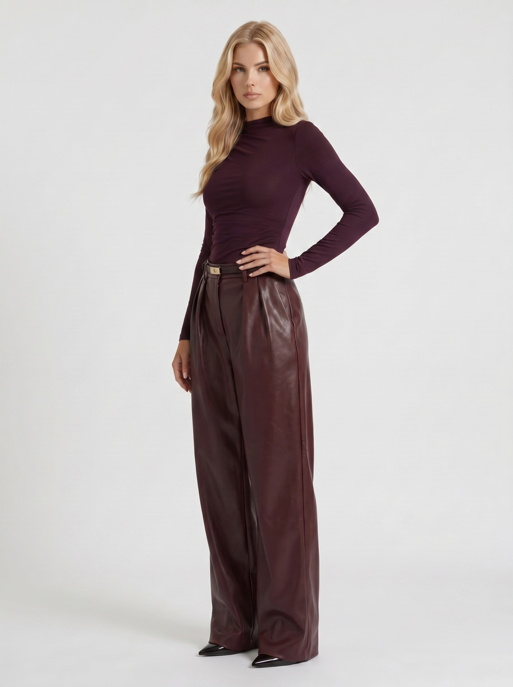 Women plum belted wide leg faux leather pants, 45 angle view