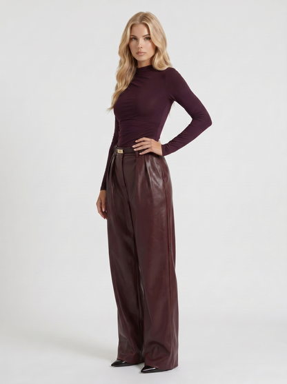 Women plum belted wide leg faux leather pants, 45 angle view