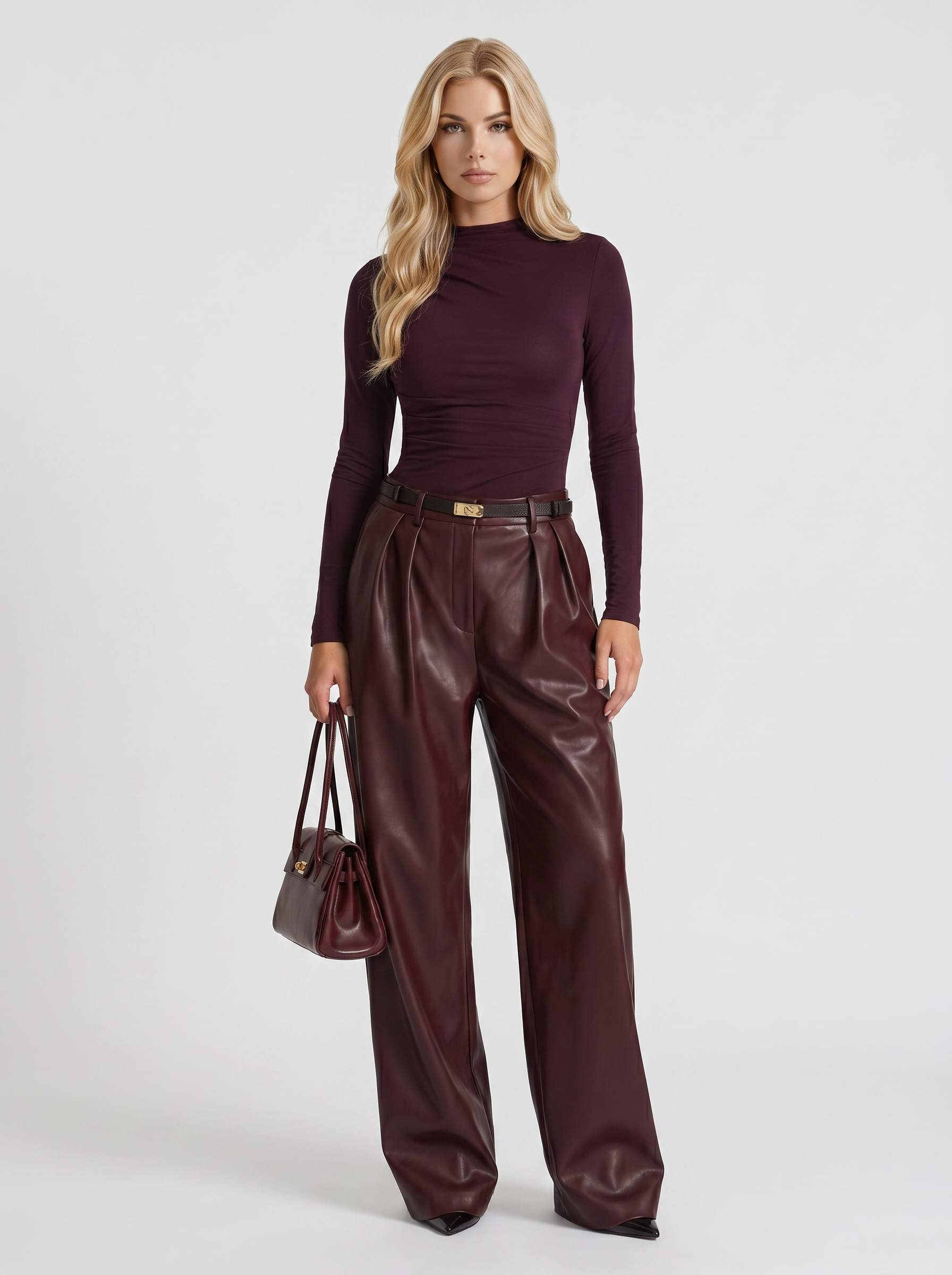 Women plum belted wide leg faux leather pants, front view