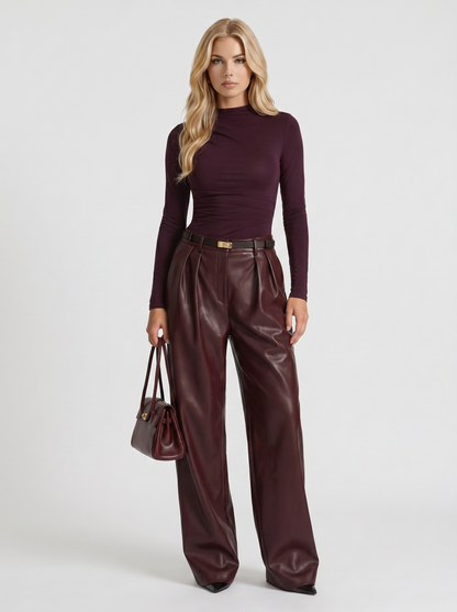 Women plum belted wide leg faux leather pants, front view