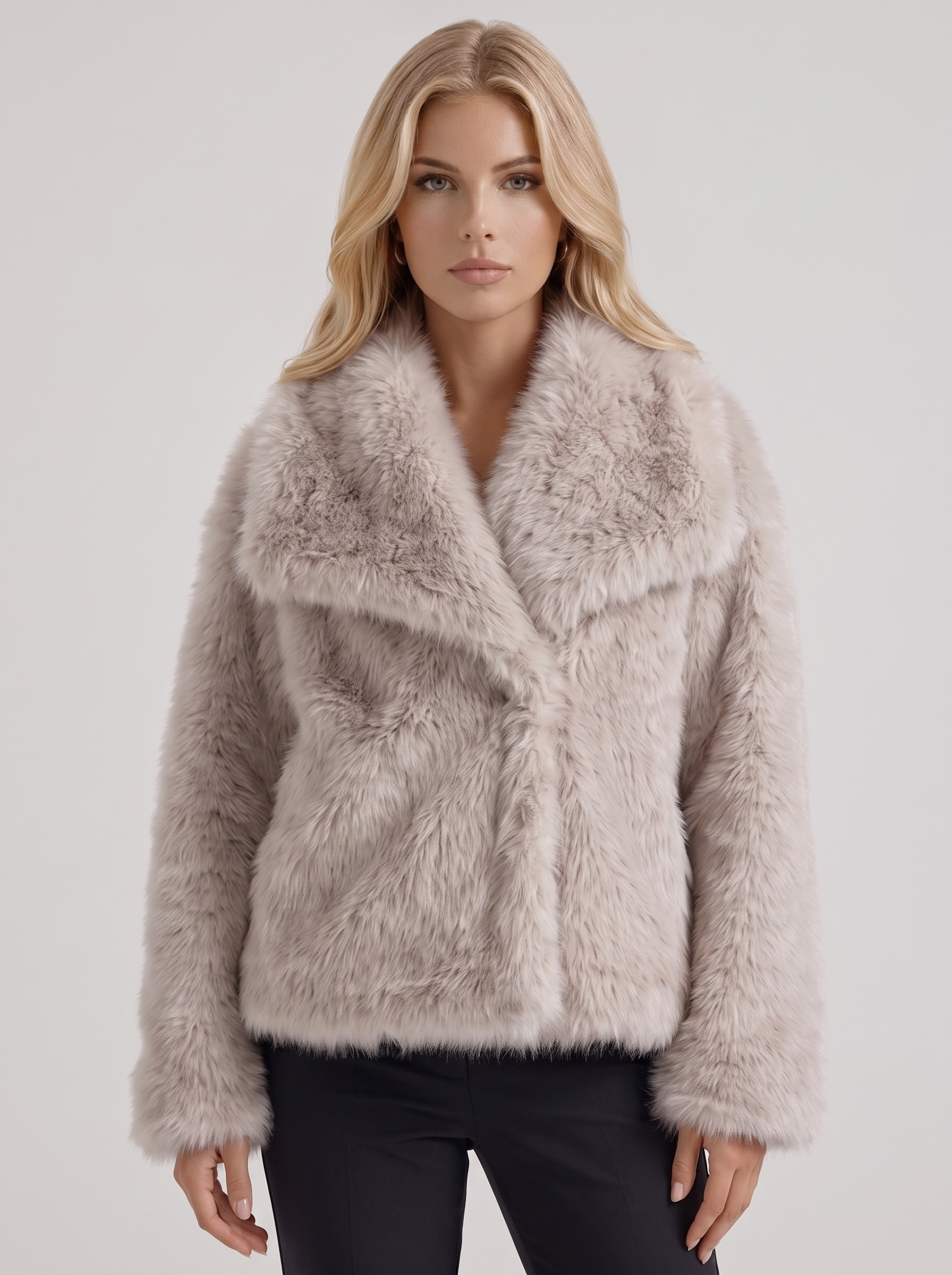 Women's beige fur coat with plush fur texture and hip length hem