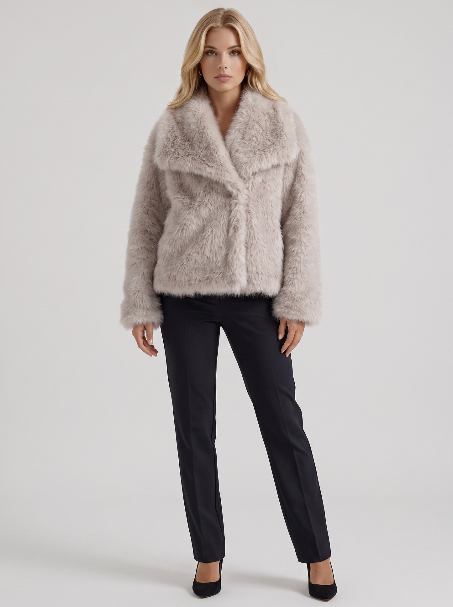 Women's beige fur coat with plush fur texture and hip length hem