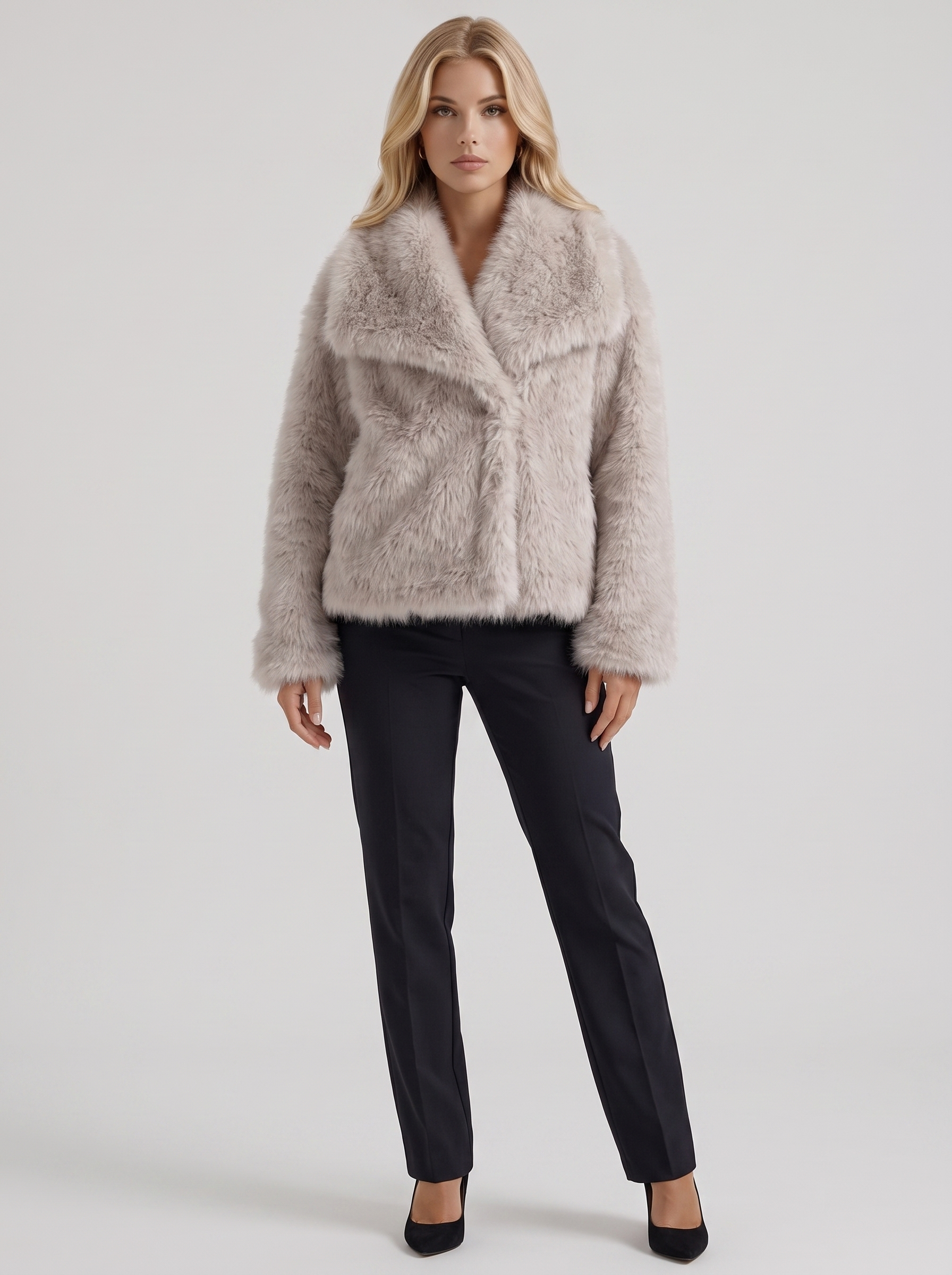 Women's beige fur coat with plush fur texture and hip length hem