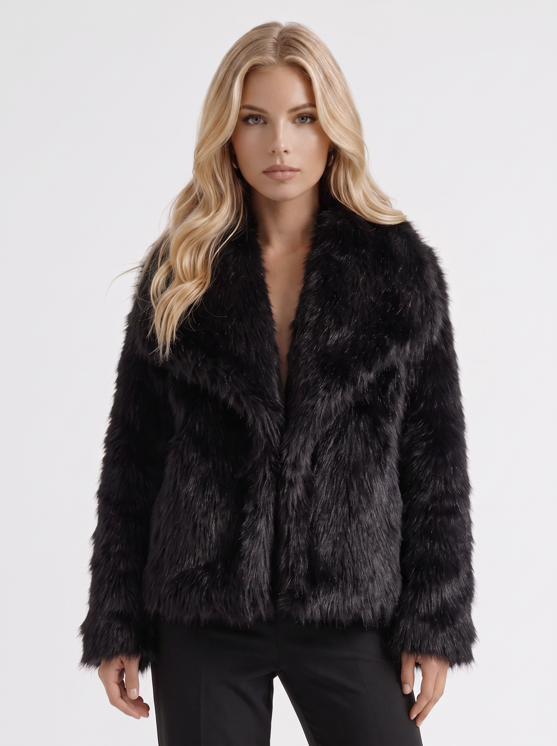 Women's black fur coat with plush fur texture and hip length hem