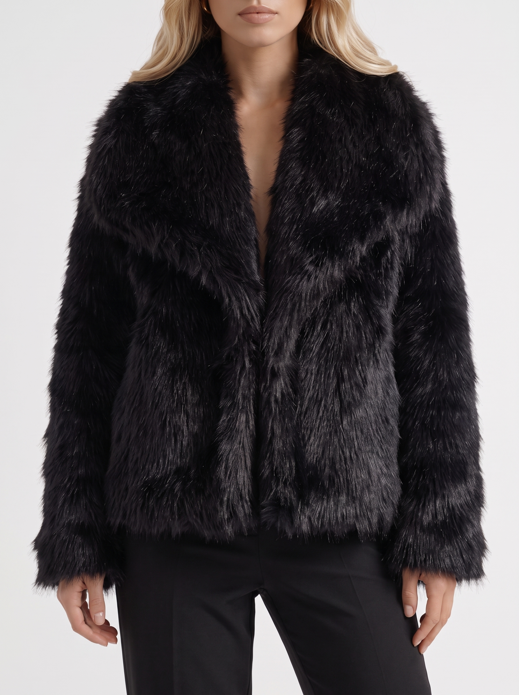 Women's black fur coat with plush fur texture and hip length hem
