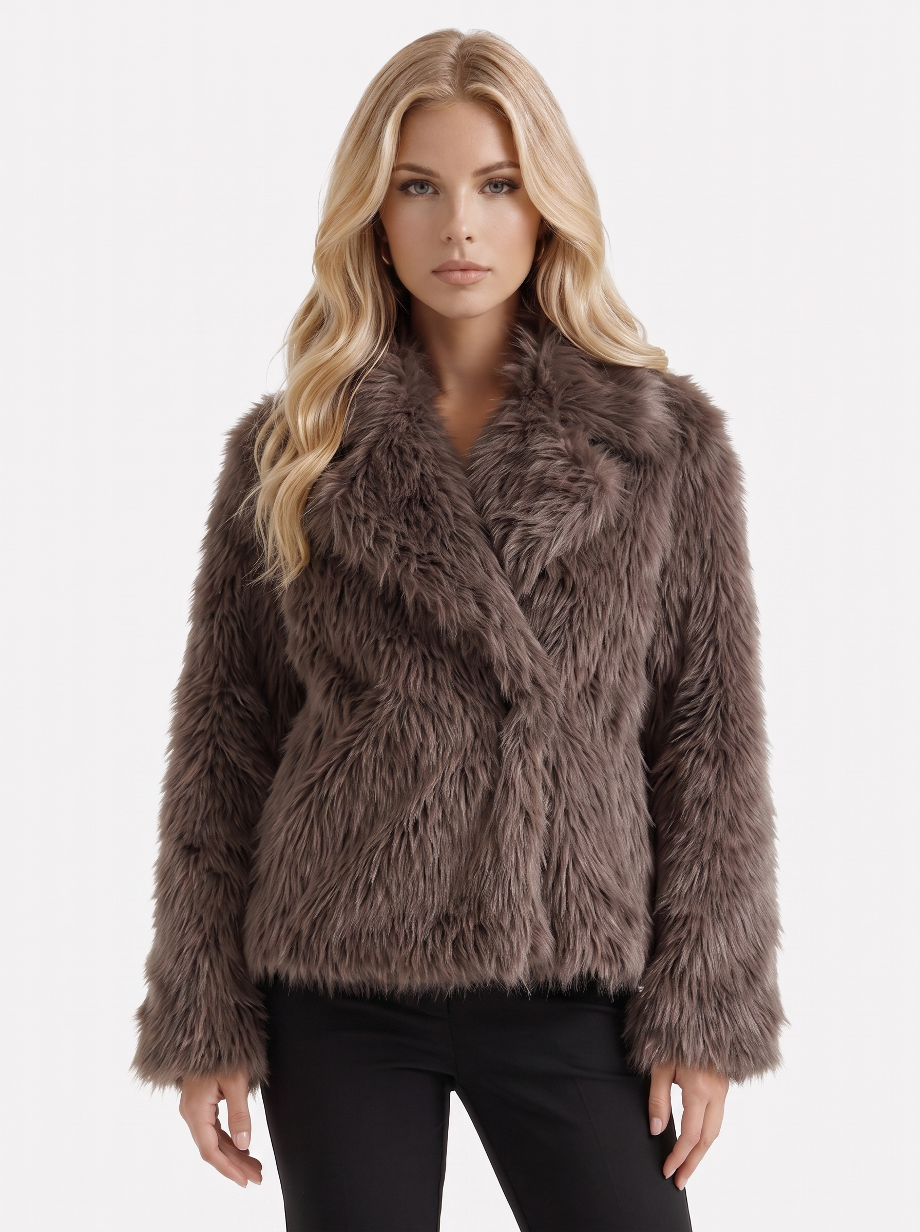 Women's brown fur coat with plush fur texture and hip length hem