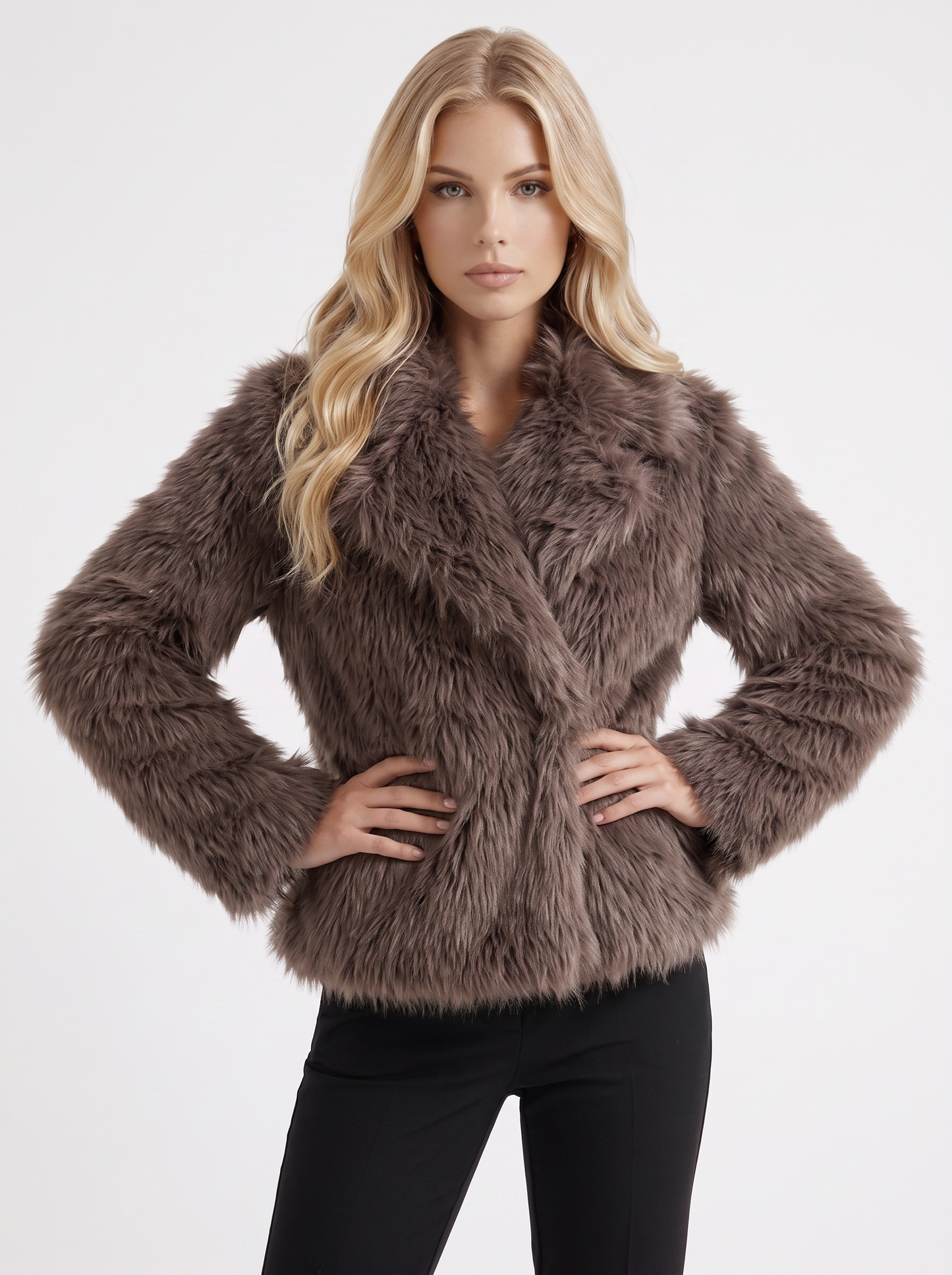 Women's brown fur coat with plush fur texture and hip length hem