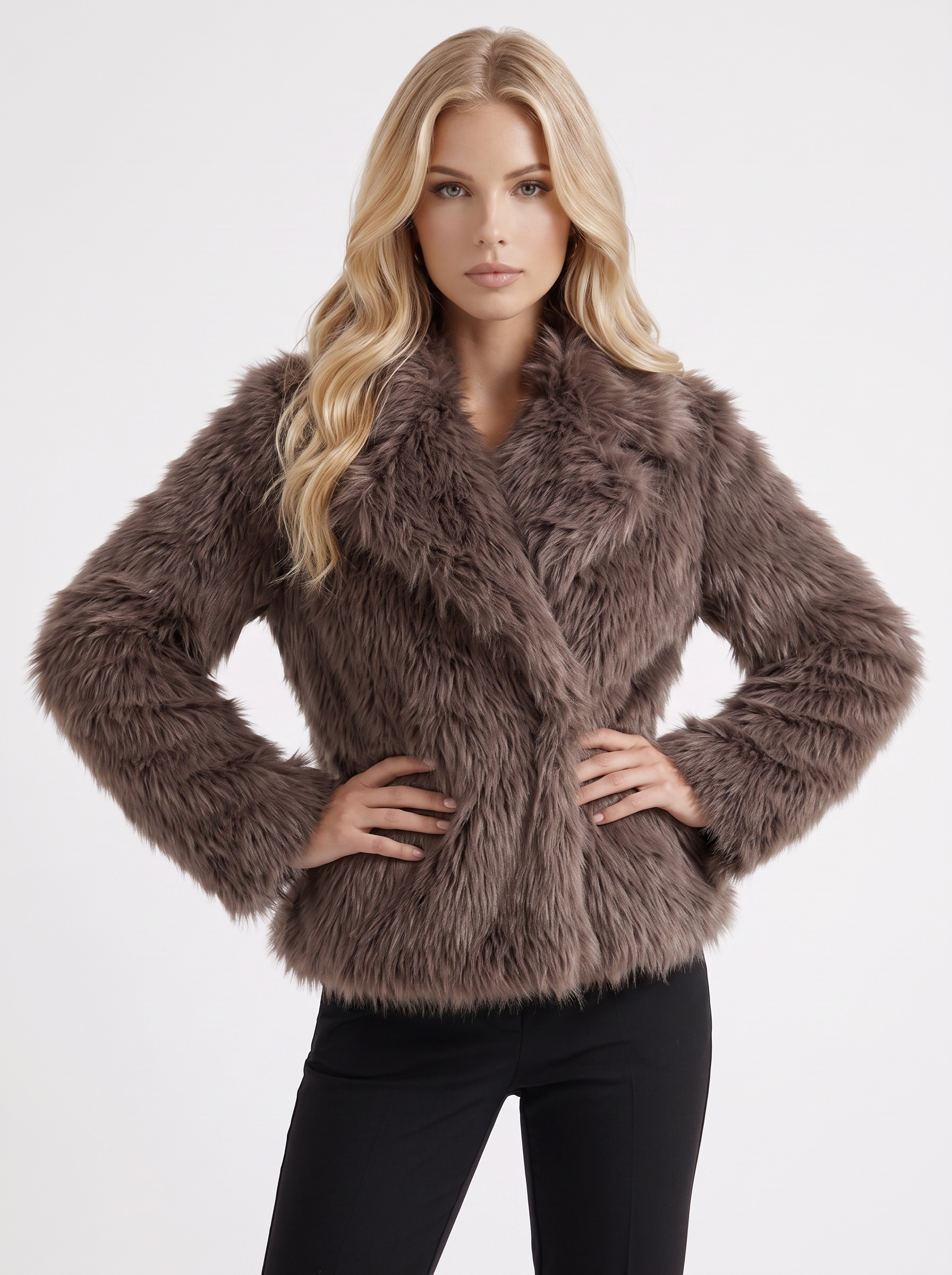 Women's brown fur coat with plush fur texture and hip length hem