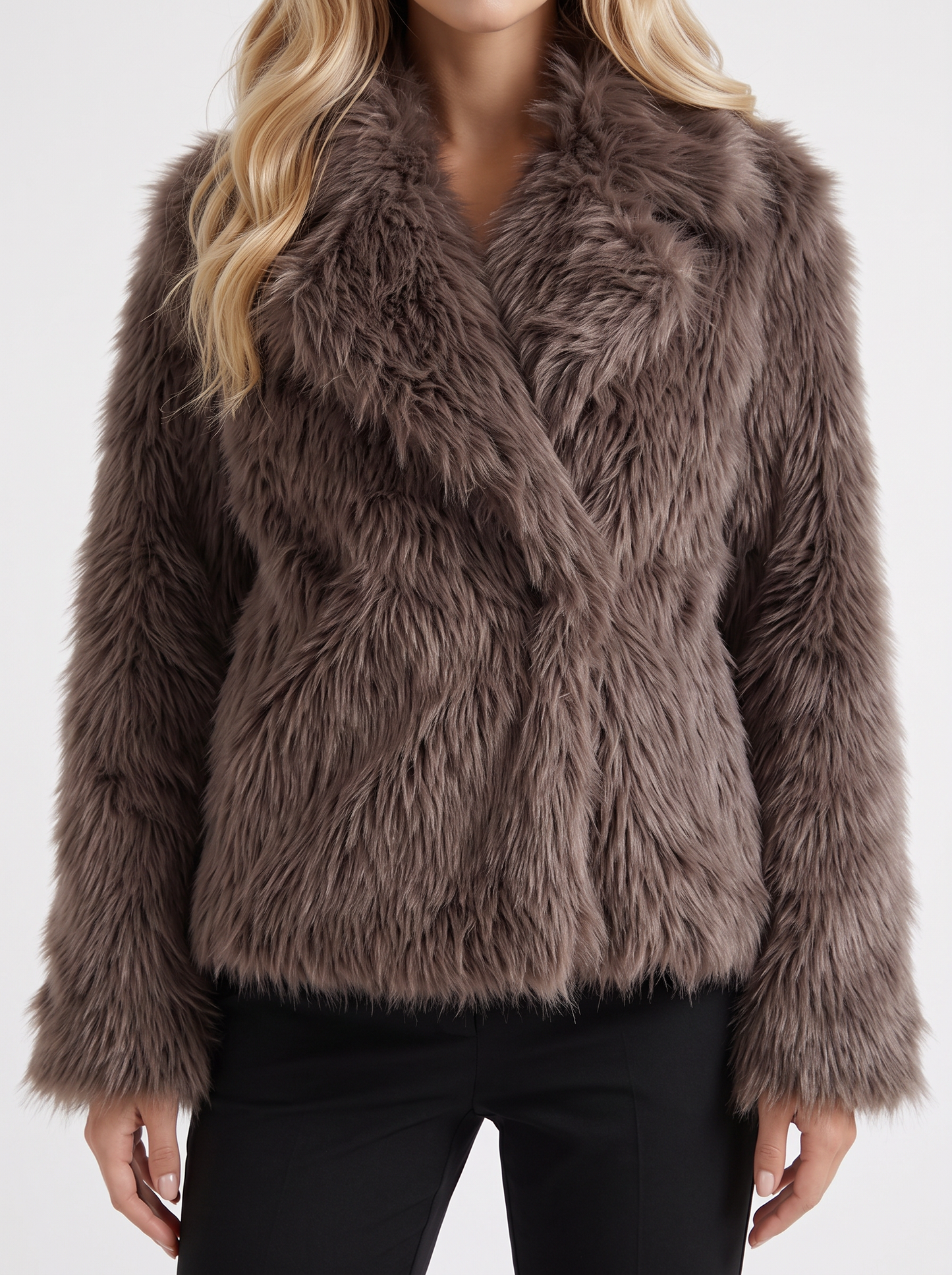 Women's brown fur coat with plush fur texture and hip length hem