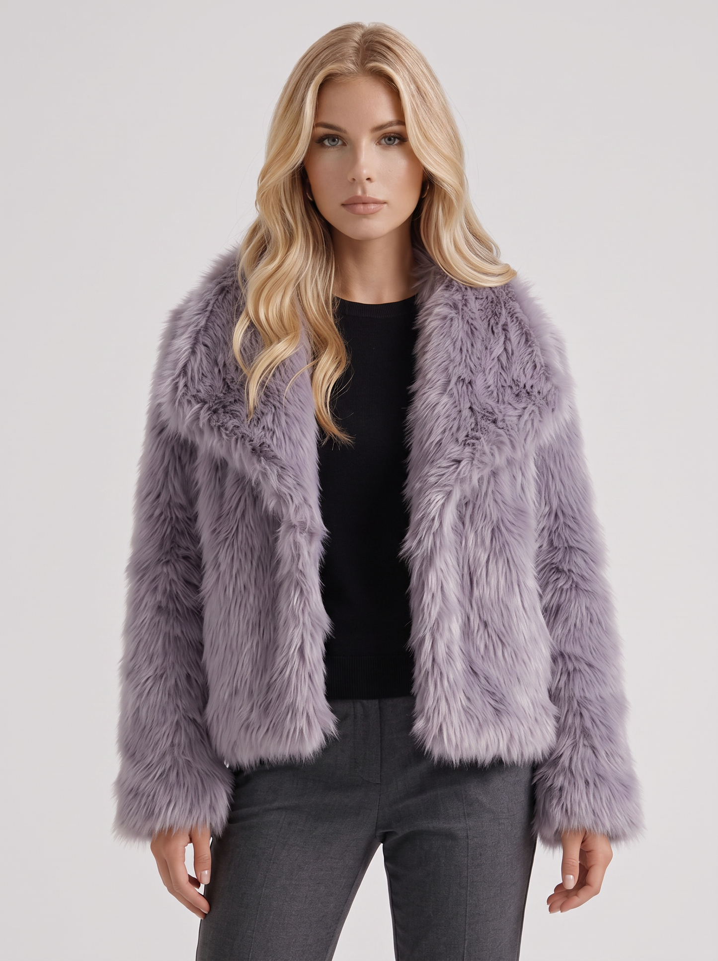 Women's gray fur coat with plush fur texture and hip length hem