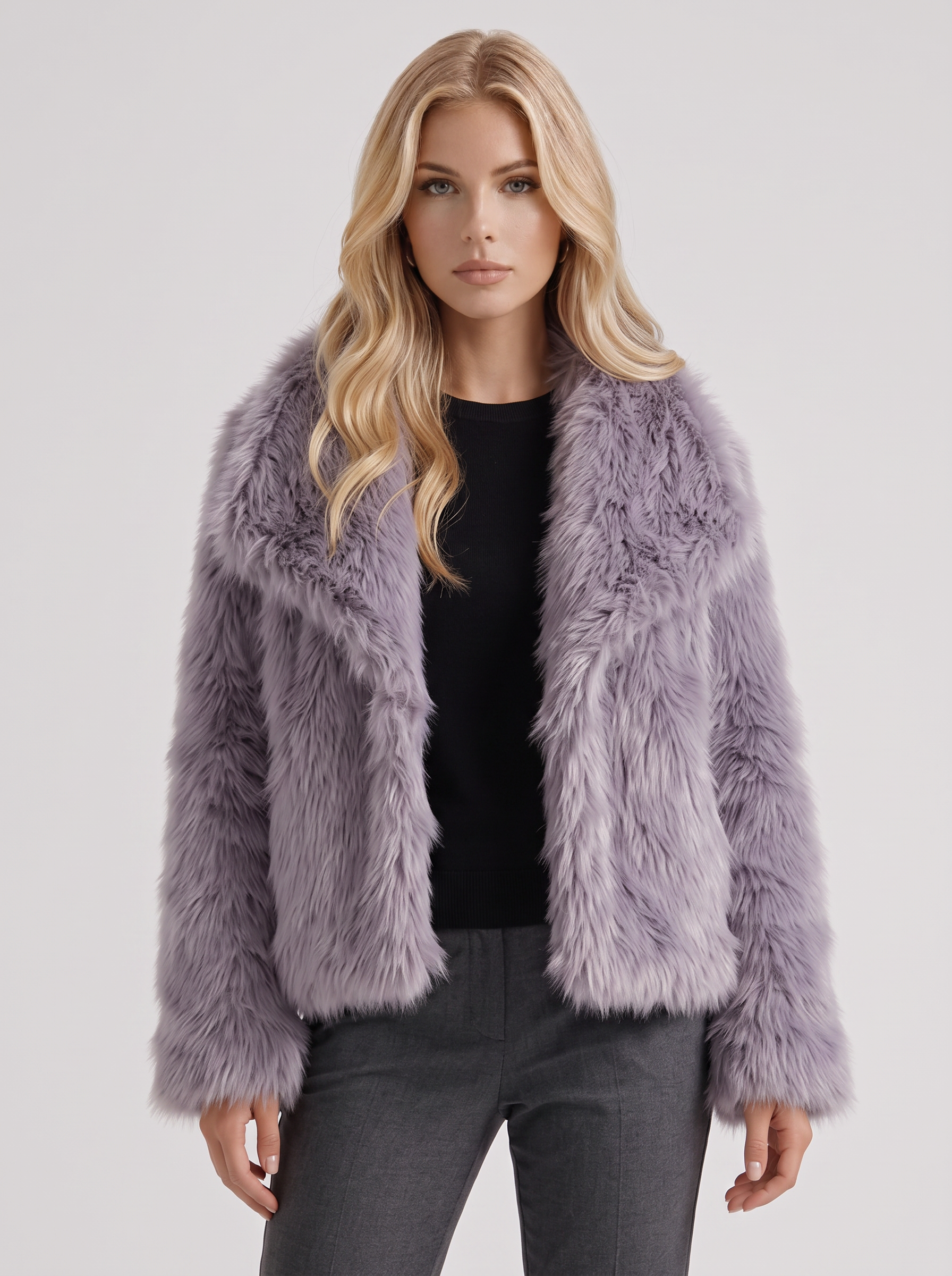 Women's gray fur coat with plush fur texture and hip length hem