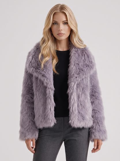 Women's gray fur coat with plush fur texture and hip length hem