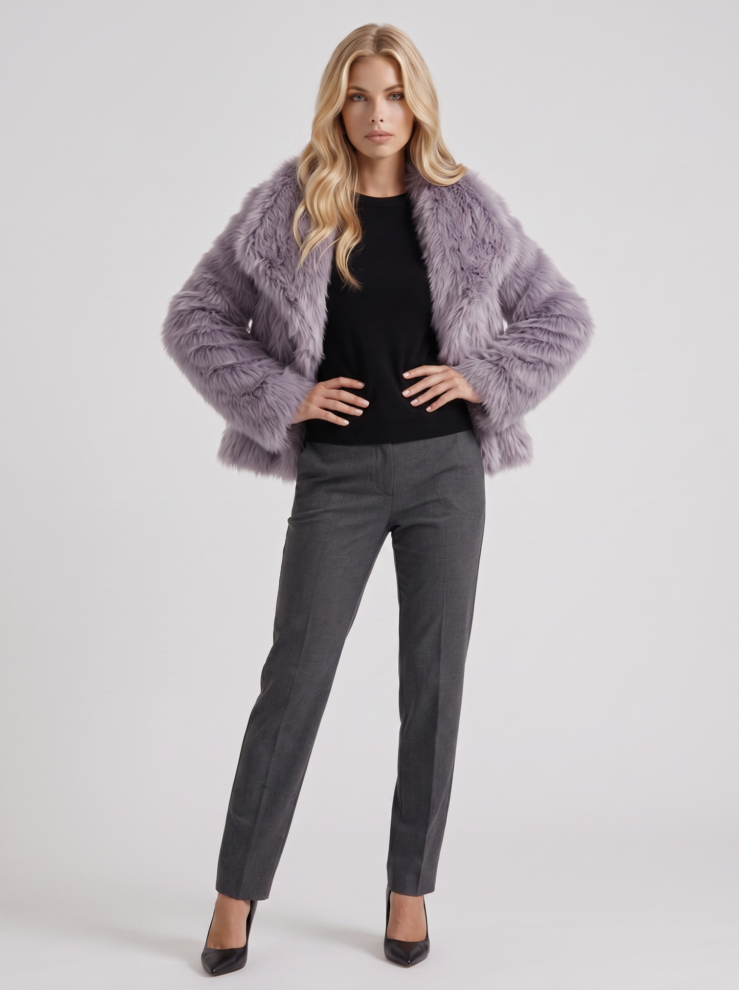 Women's gray fur coat with plush fur texture and hip length hem