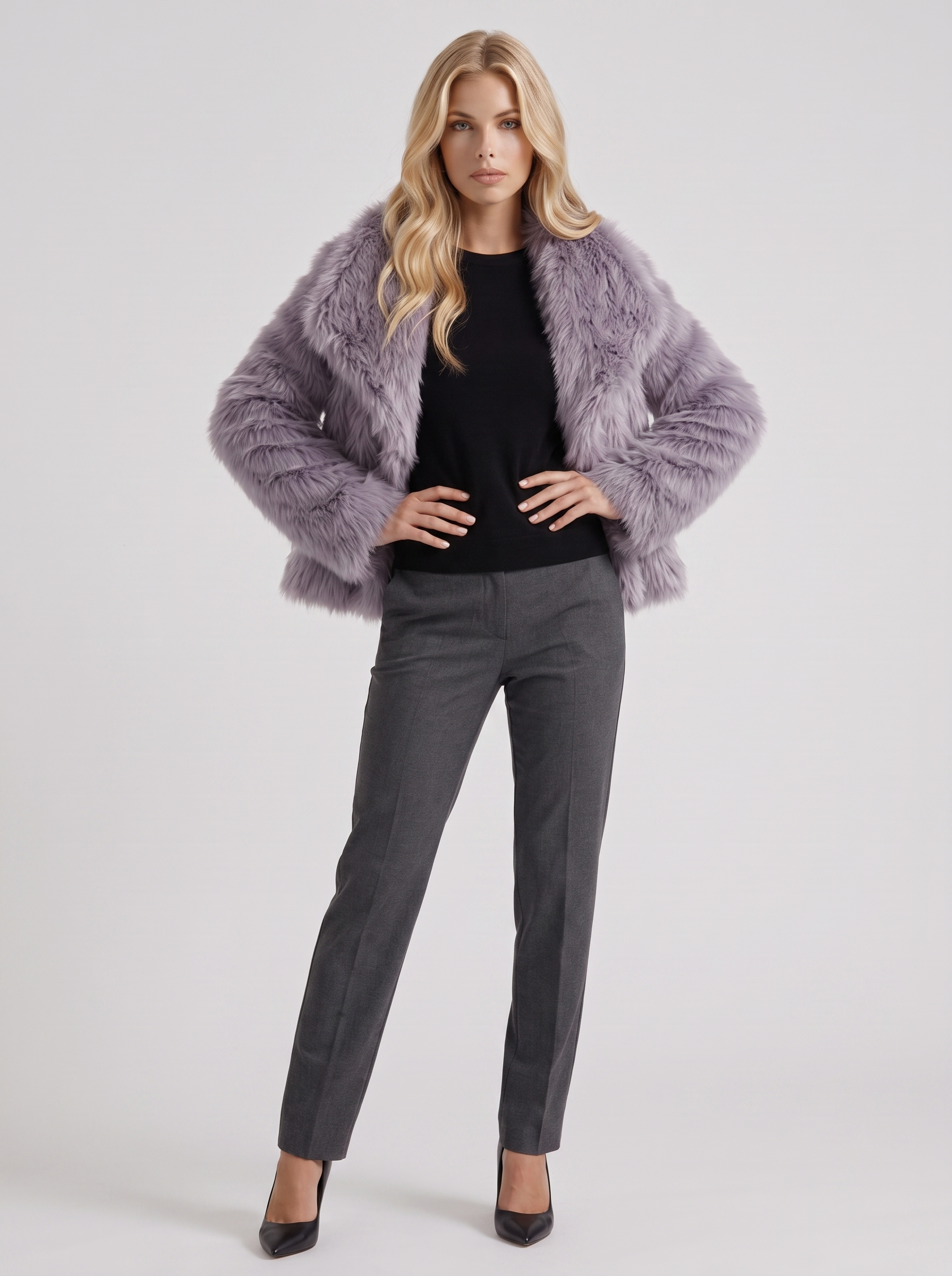 Women's gray fur coat with plush fur texture and hip length hem