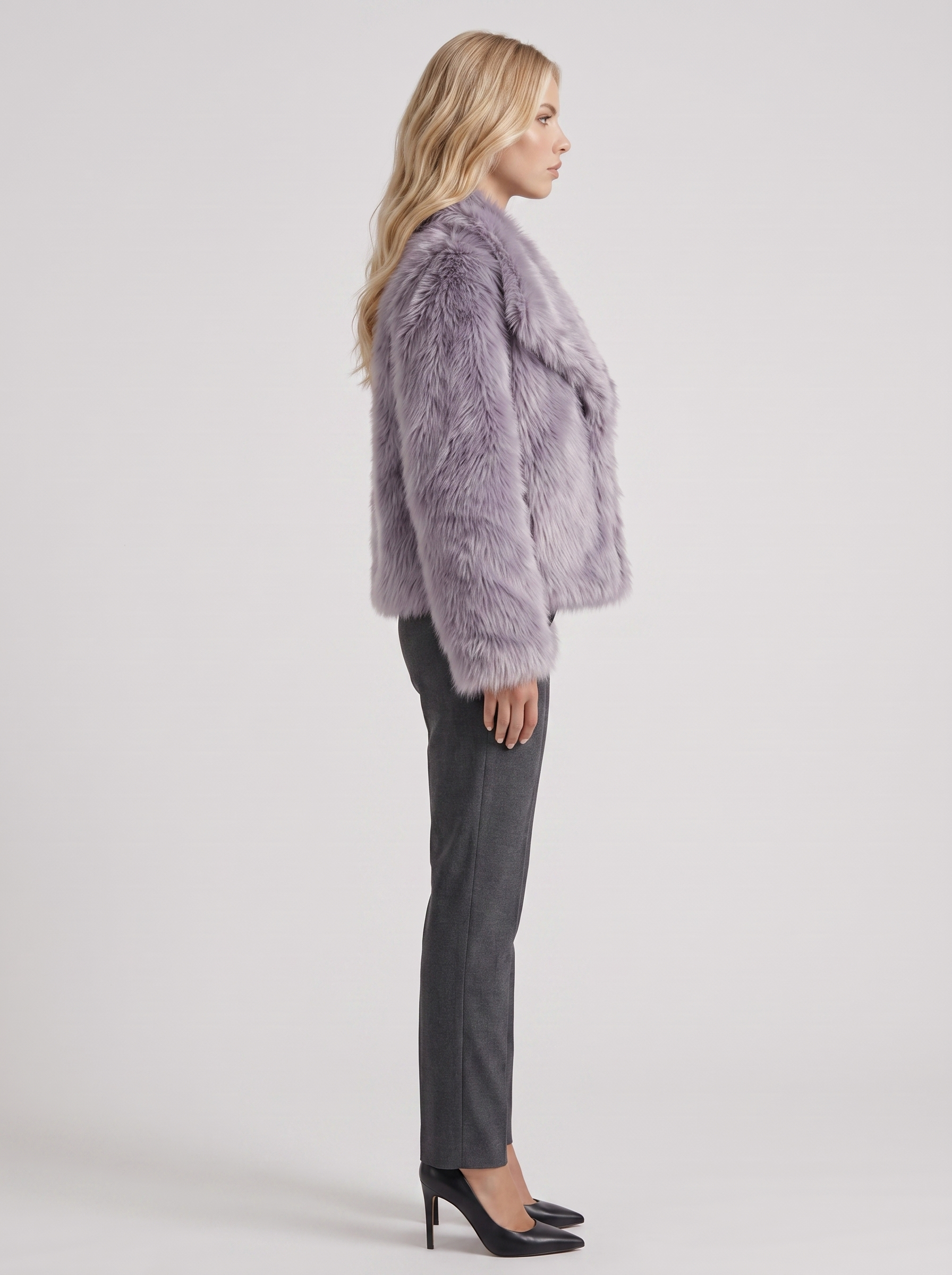 Women's gray fur coat with plush fur texture and hip length hem
