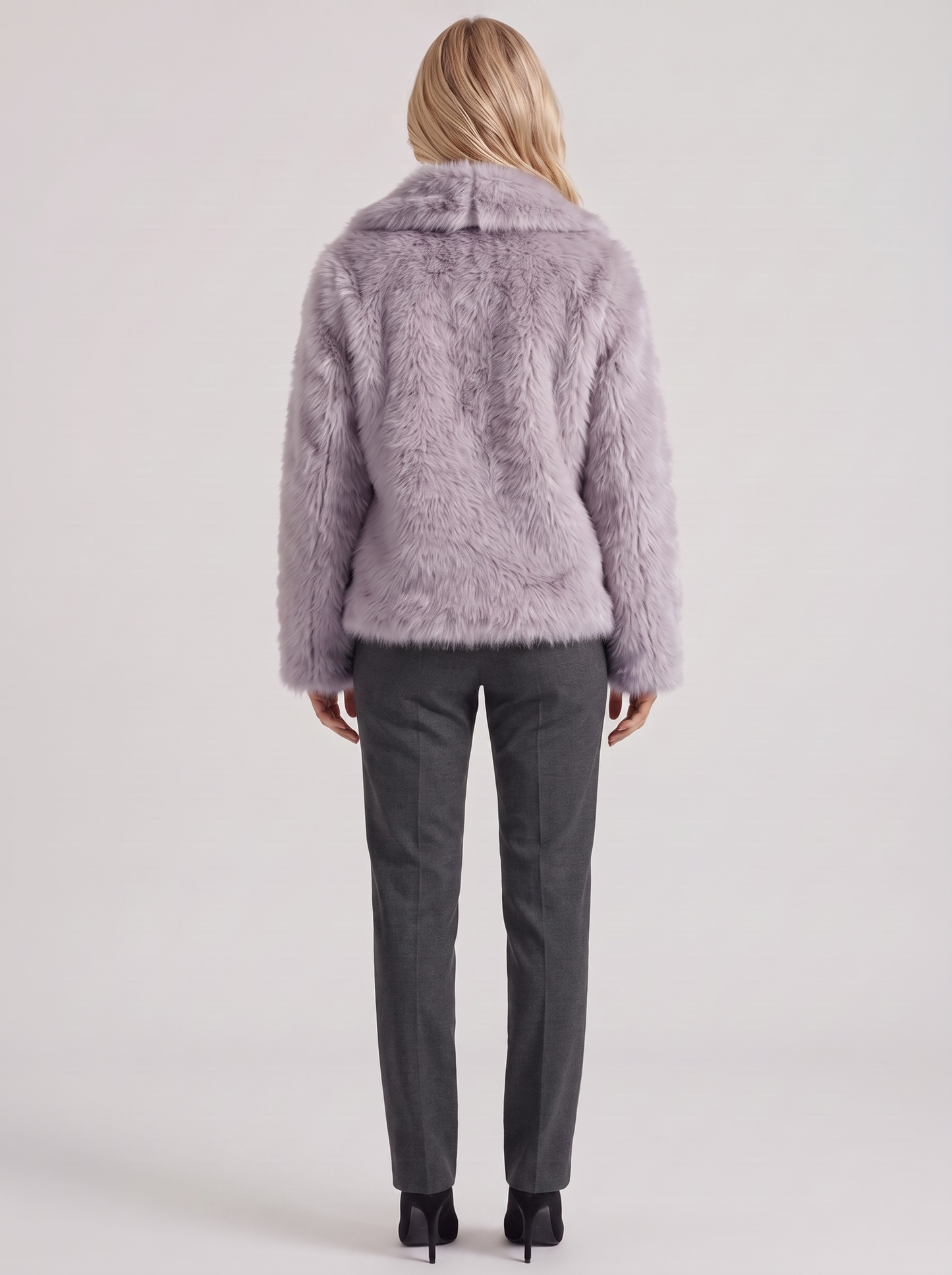 Women's gray fur coat with plush fur texture and hip length hem